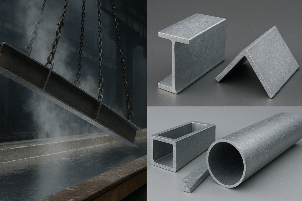 Processus de galvanisation à chaud avec immersion d’une poutre dans le zinc fondu et présentation de pièces d’acier galvanisé finies.