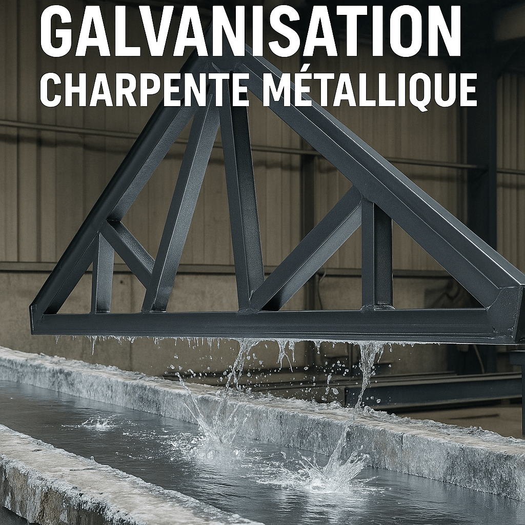 Structure de charpente métallique plongée dans un bain de zinc en fusion pour galvanisation à chaud