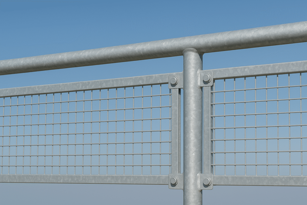 Garde-corps galvanisé à chaud en acier avec treillis métallique sous un ciel bleu clair