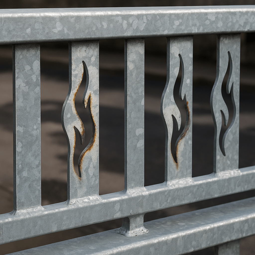 Garde-corps en acier galvanisé présentant des défauts visibles après découpe laser.