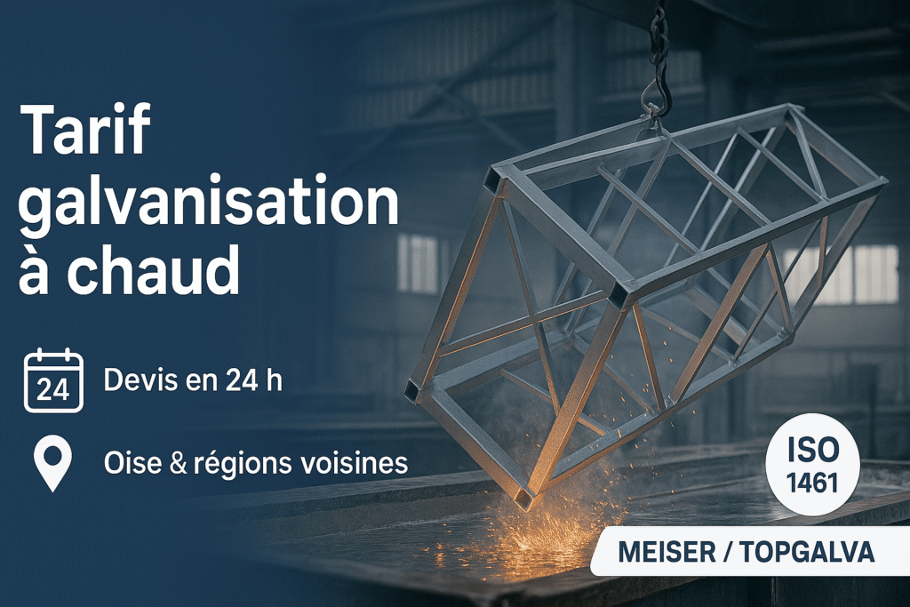 Châssis acier au-dessus d’une cuve de zinc en atelier, étincelles visibles : illustration du tarif galvanisation à chaud (ISO 1461), devis 24 h, Oise et régions voisines.